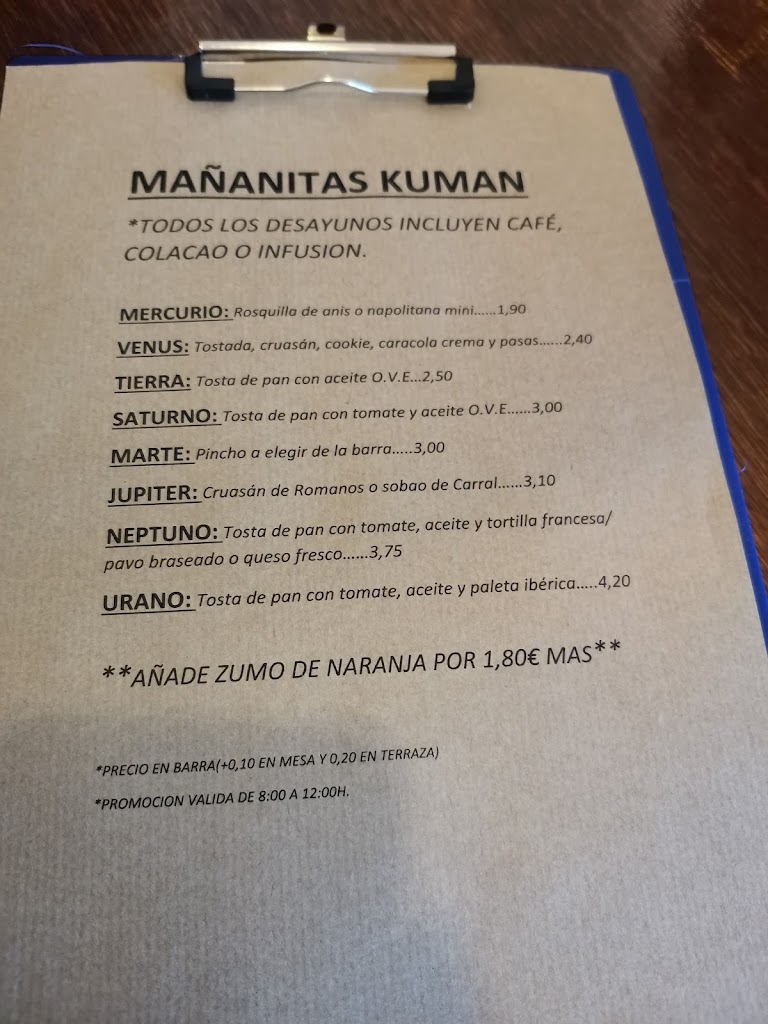Cafeteria Kuman — Carta
