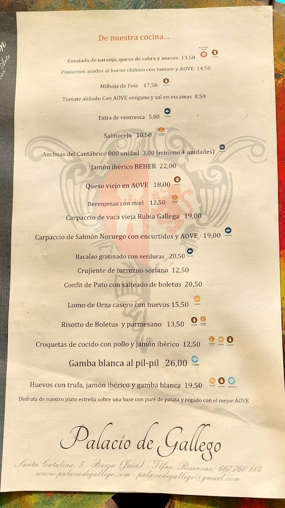Palacio de Gallego Restaurante & Boutique — Carta