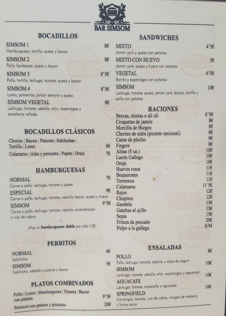 Bar Simsom — Carta