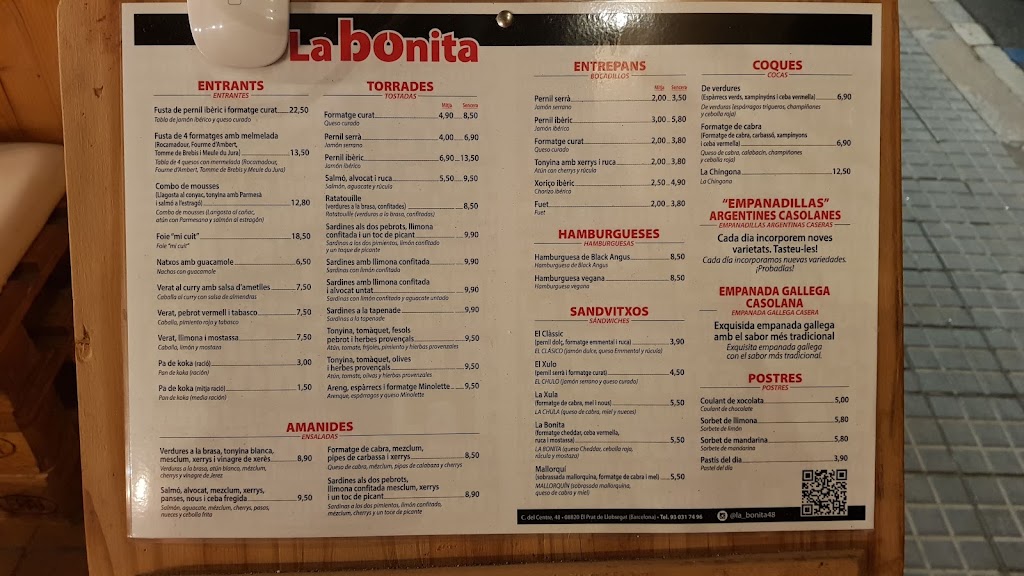 Restaurante La Bonita — Carta
