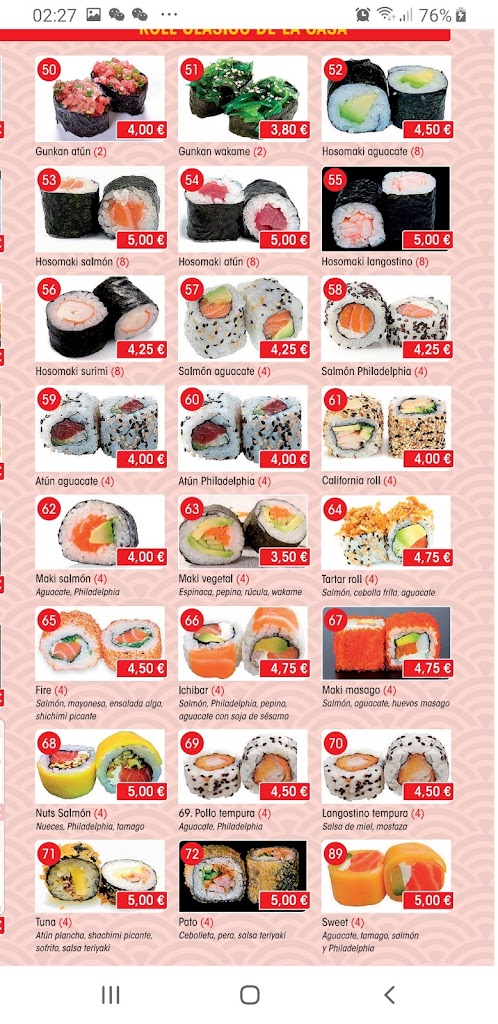 DAWEI restaurante sushi — Carta