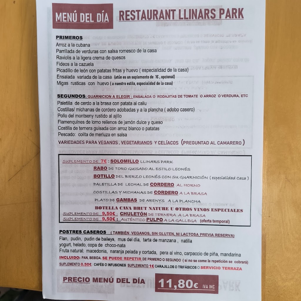 Restaurante Llinars Park — Carta