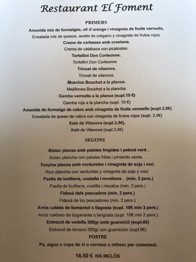Restaurant del Foment — Carta