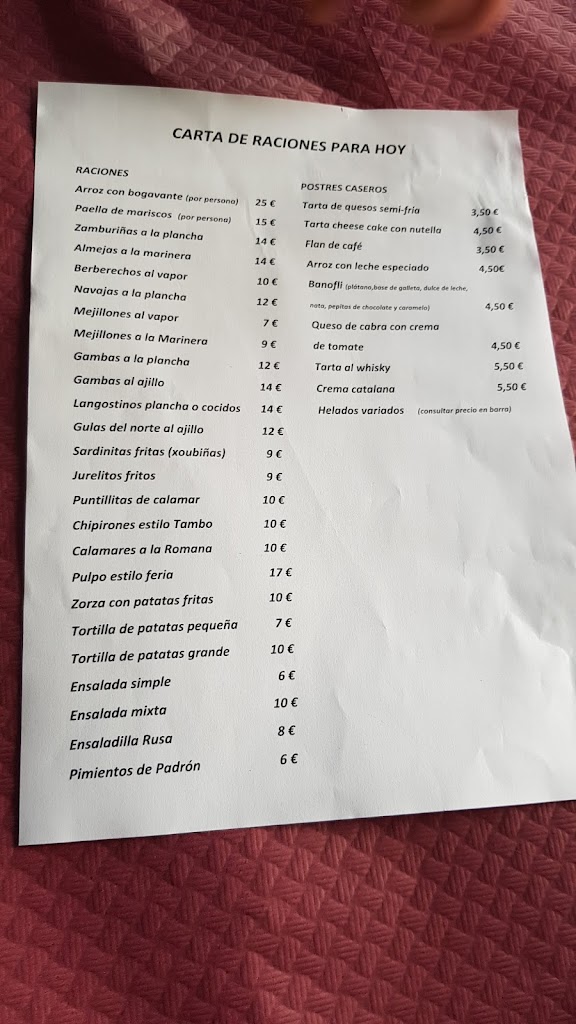 Restaurante Isla de Tambo — Carta