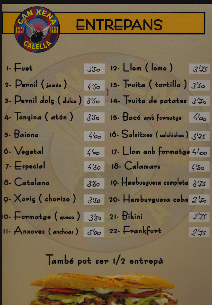 Bar Restaurant Can Xena — Carta