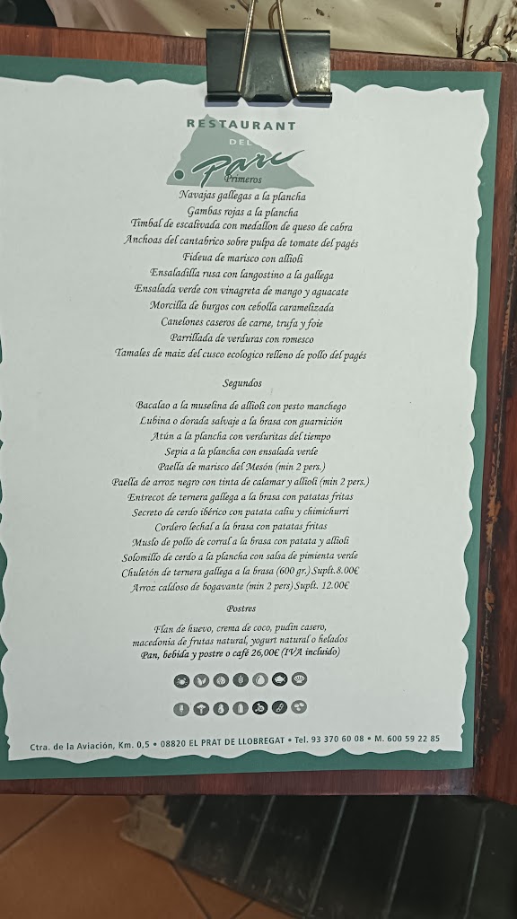 Restaurante Parc Nou — Carta