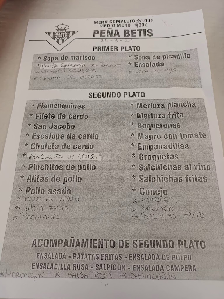 Restaurante Pena betica. — Carta