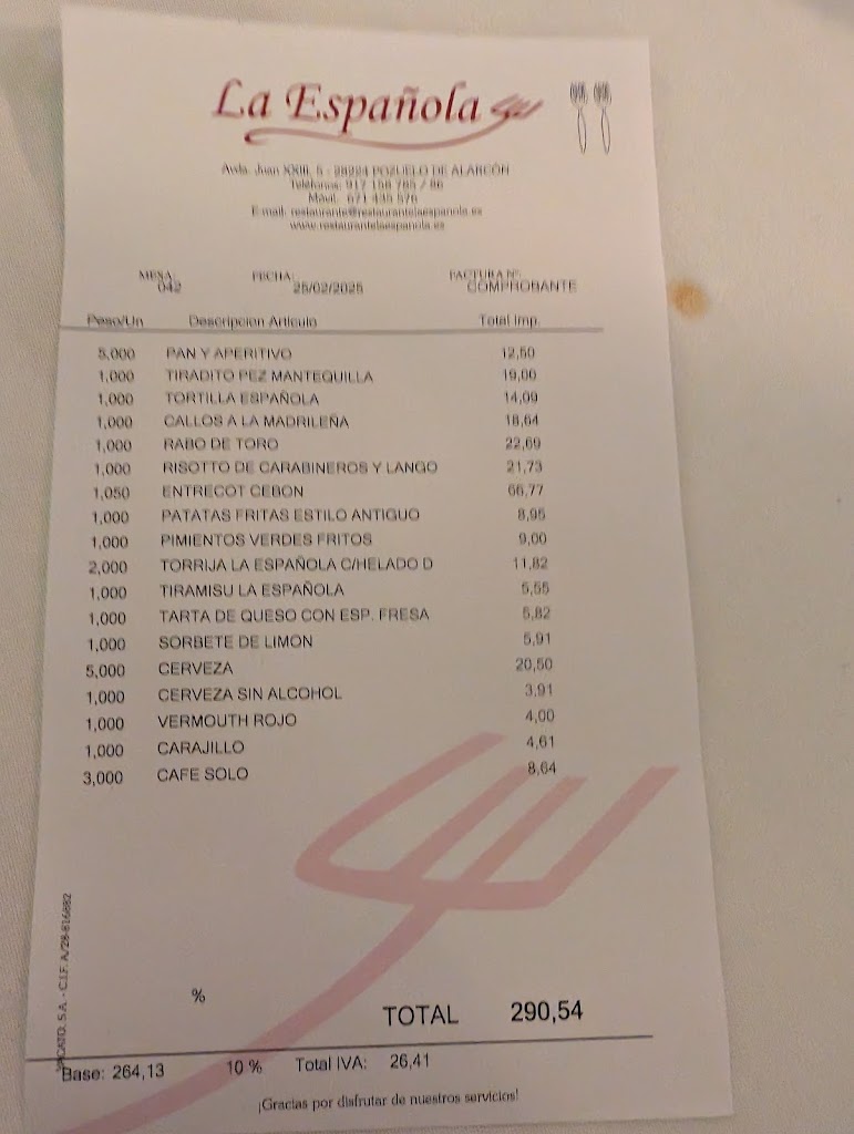 Restaurante La Espanola — Carta