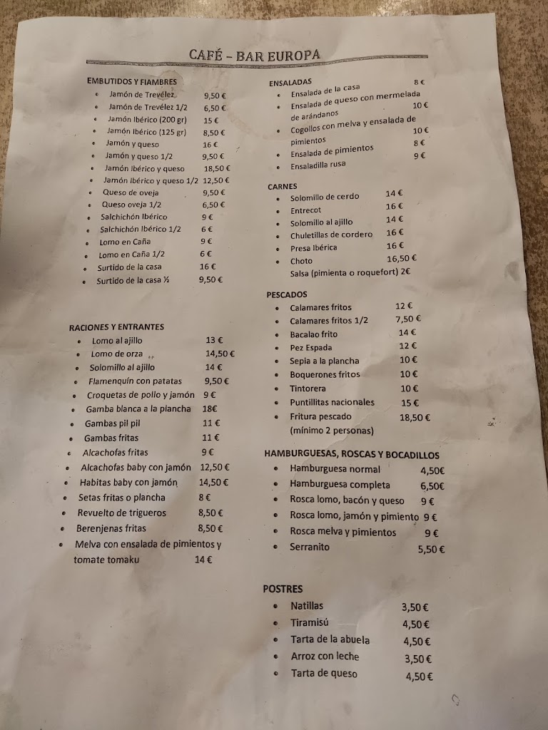 Cafe Bar Europa — Carta
