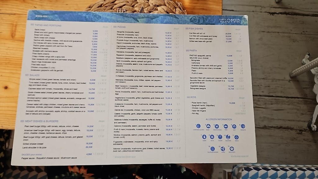 Restaurante Pizzeria Velomar — Carta