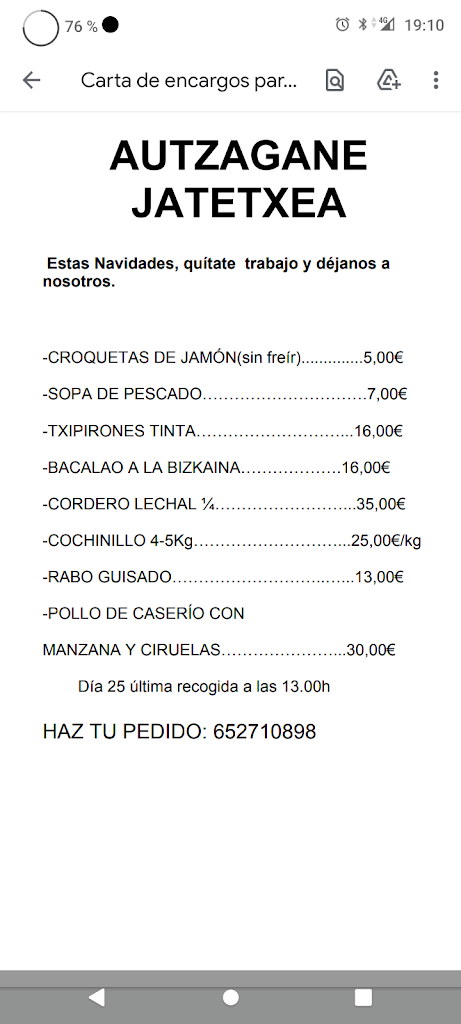 Restaurante Autzagane — Carta