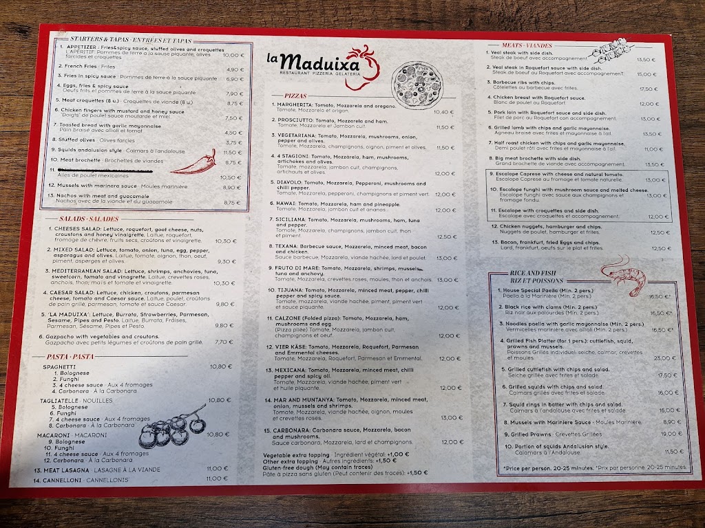 Restaurant Pizzeria La Maduixa — Carta