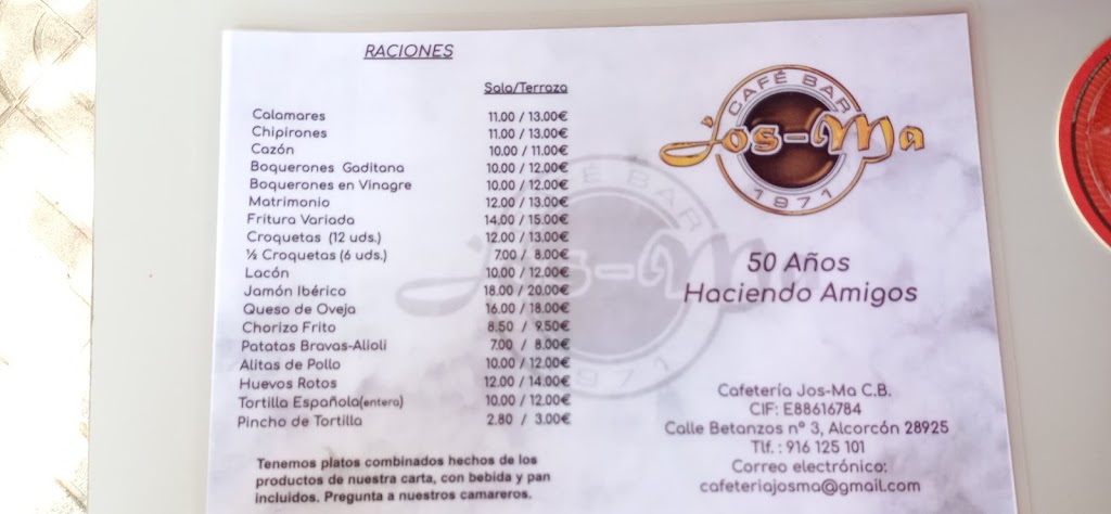 Bar Cafeteria Josma — Carta