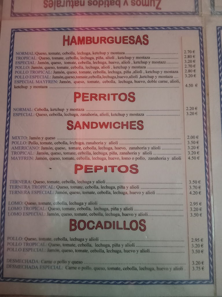Bar Mayfren — Carta