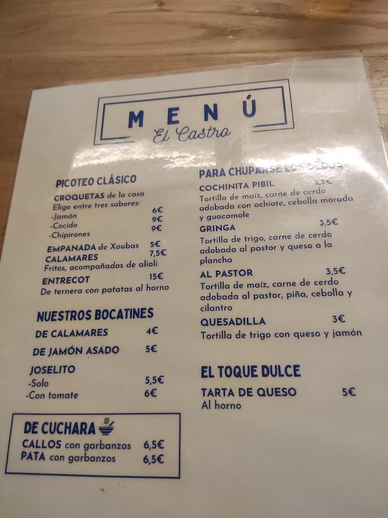Bar El Castro — Carta
