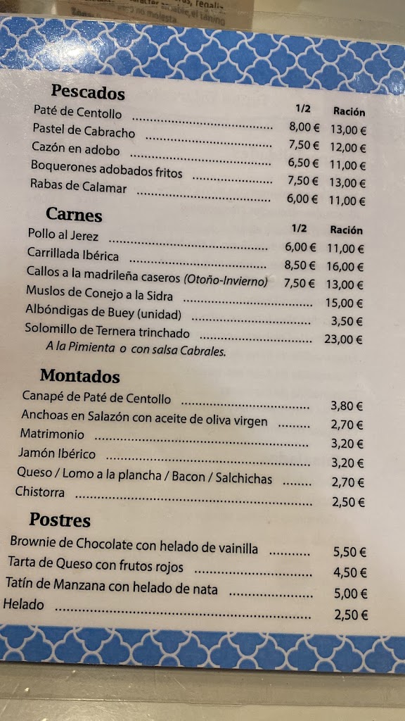 Bar El Barin — Carta