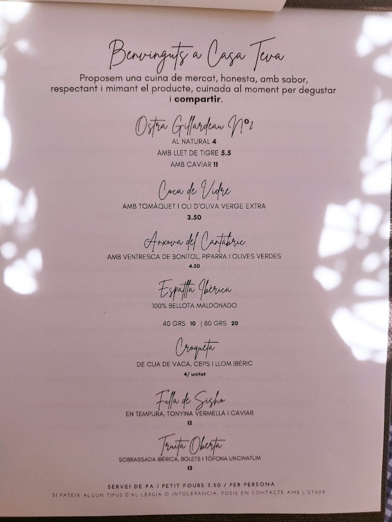 Casa Teva Restaurant — Carta