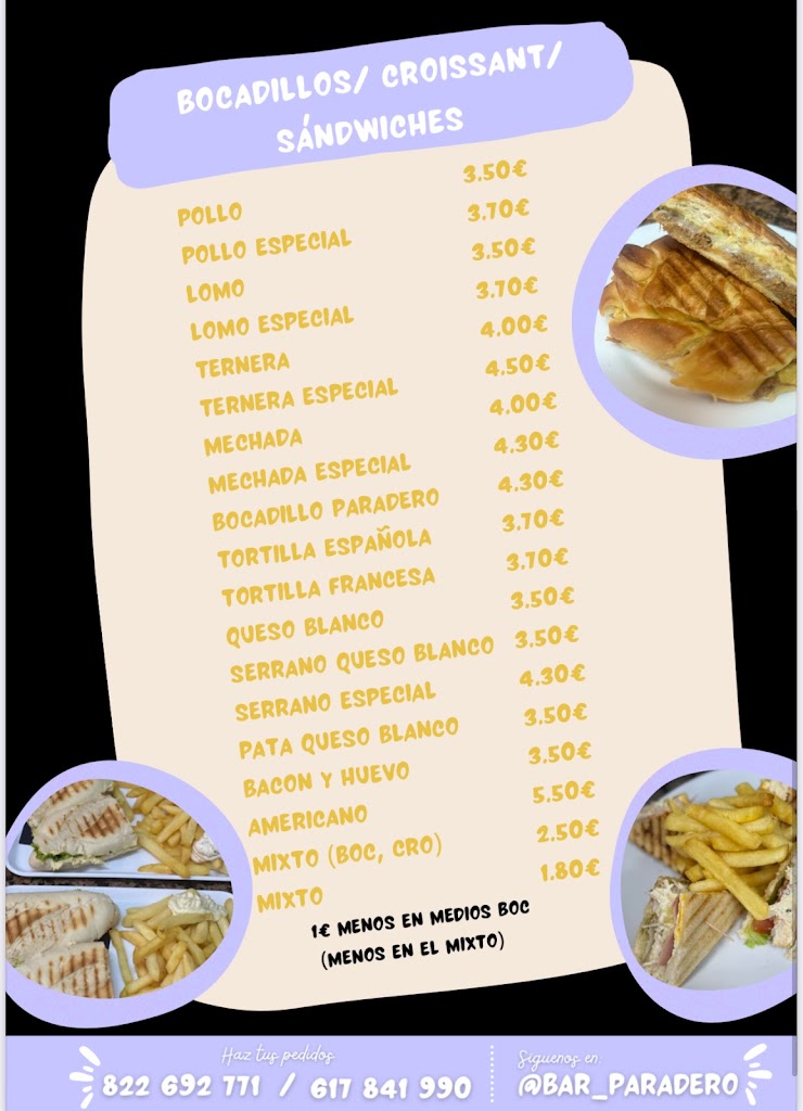 Bar Restaurante Paradero — Carta