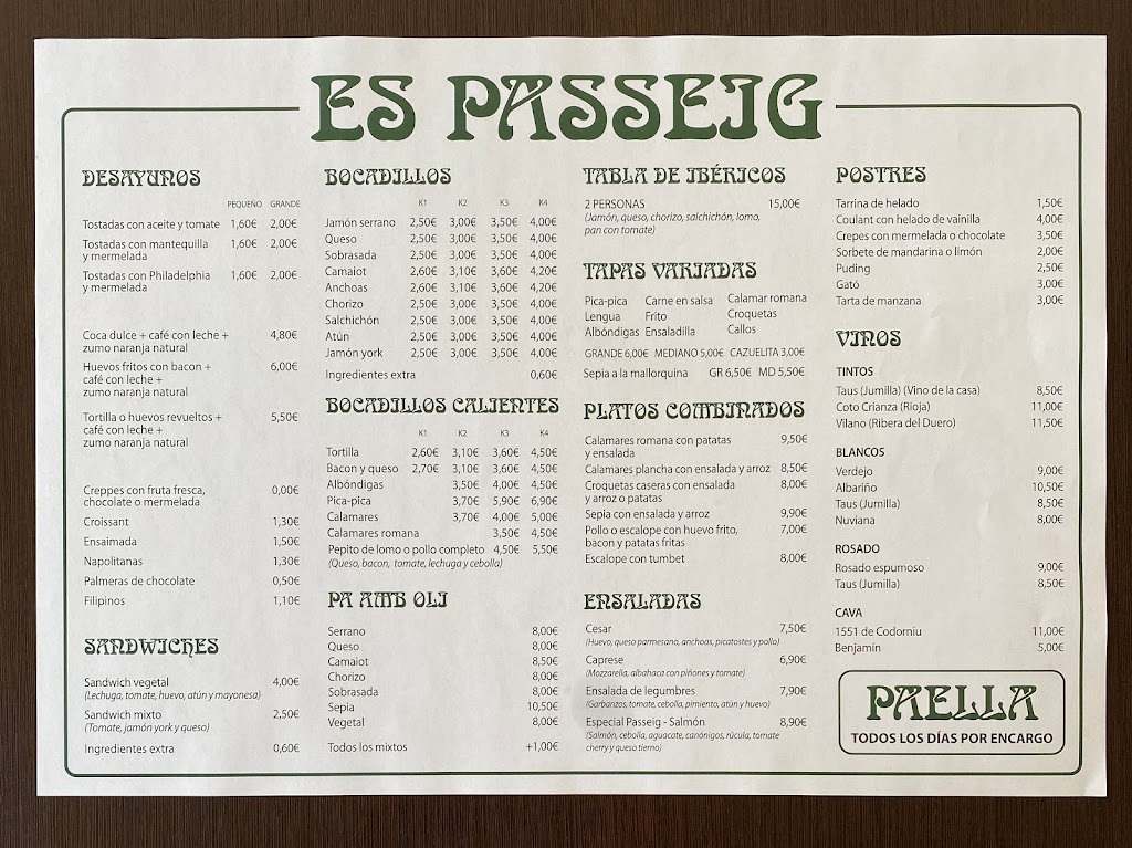 Bar Es Passeig — Carta