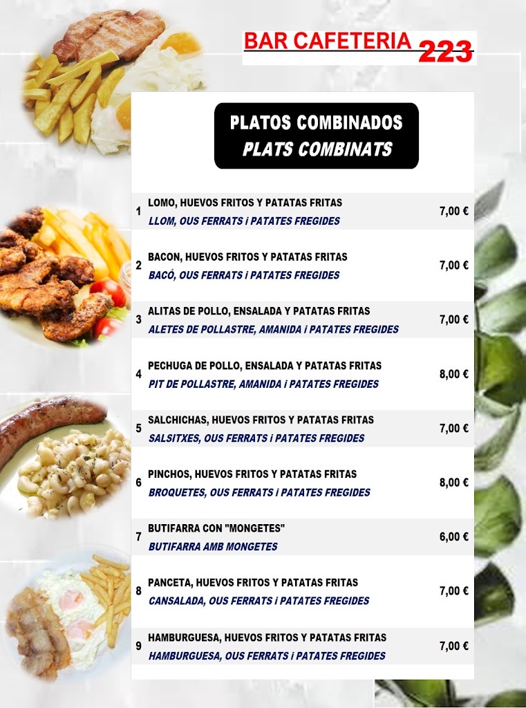 Bar Cafeteria 223 — Carta