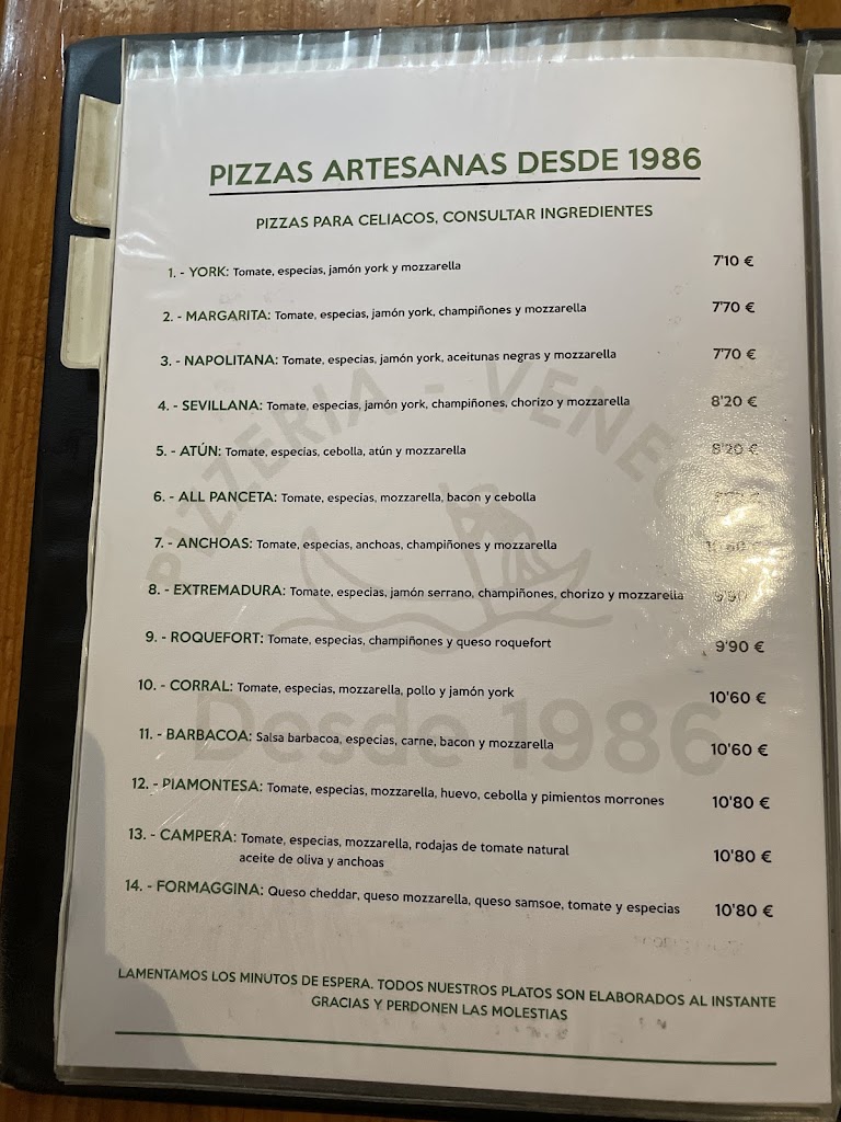 Pizzeria Venecia Villanueva — Carta