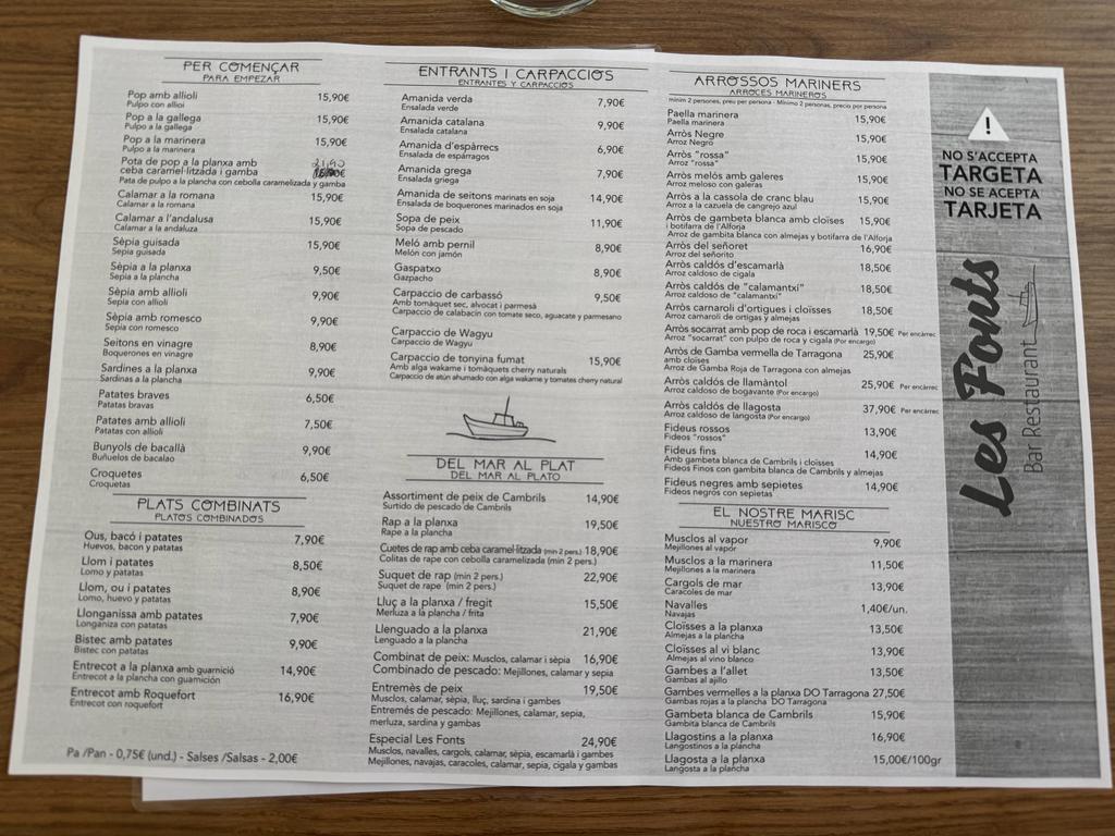 Bar Restaurante Les Fonts — Carta