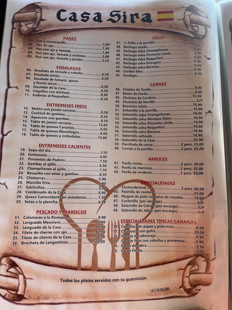 Restaurante Casa Sira — Carta