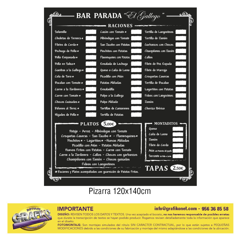 Bar Parada "El Gallego" — Carta