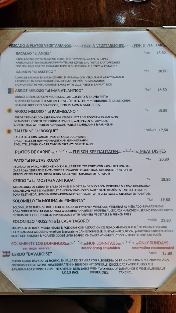 Restaurant Casa TAGORO — Carta