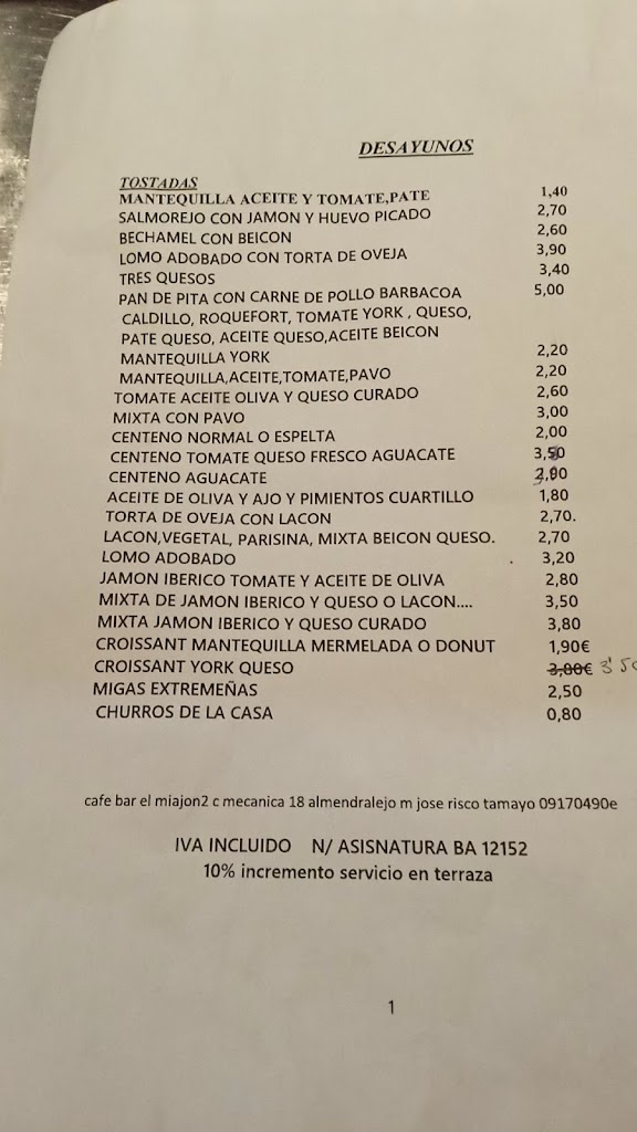 Restaurante MIAJON 2 — Carta