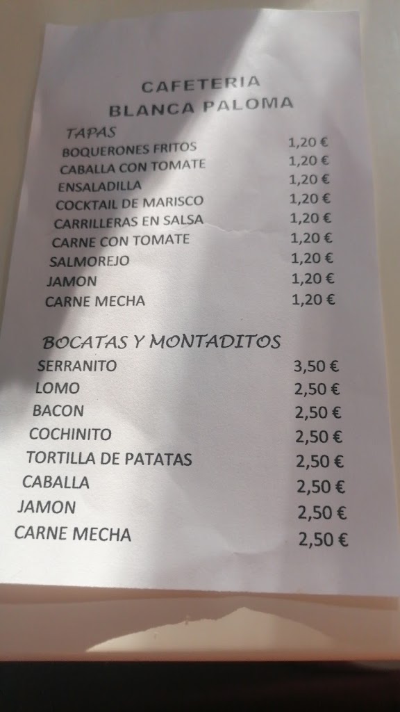 Cafeteria LaBlanca Paloma — Carta