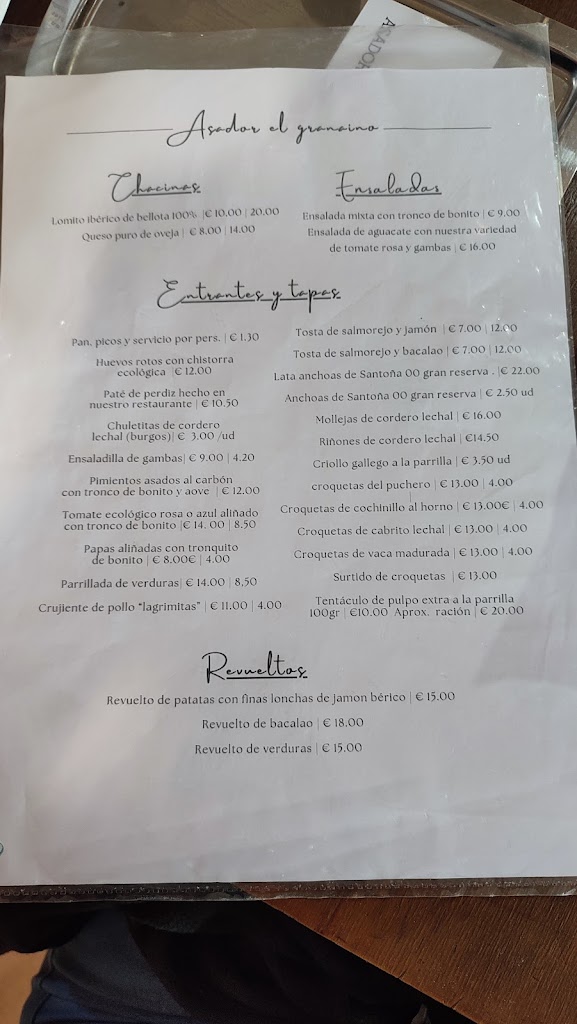 Asador El Granaino — Carta