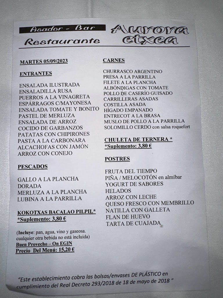 Restaurante Aurora Etxea — Carta