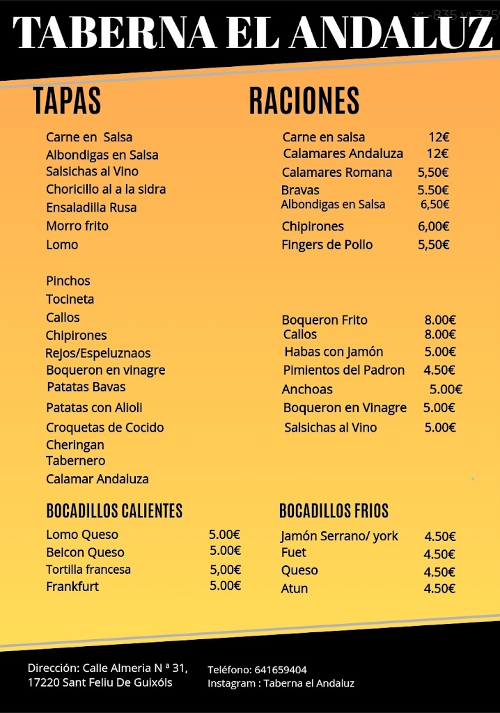 Taberna El Andaluz — Carta