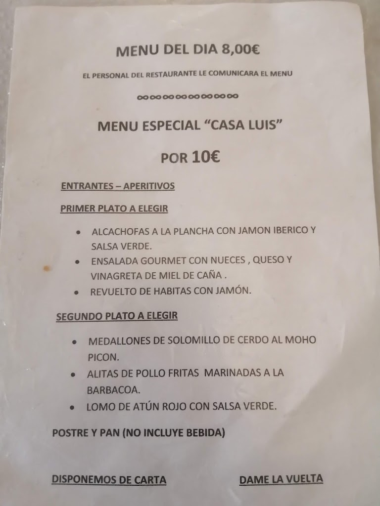 Bar Restaurante El Pilero Casa Luis — Carta