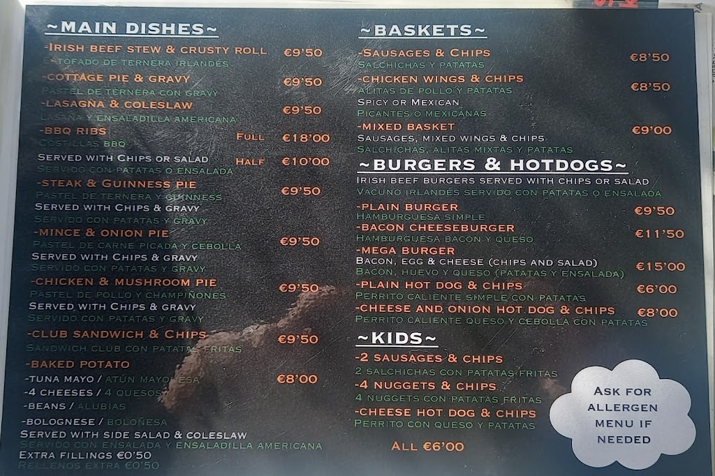 Colours Irish Bar — Carta