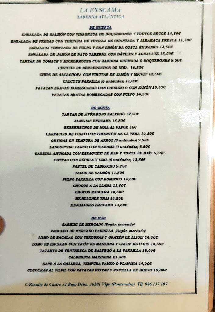 TABERNA ATLANTICA LA EXSCAMA — Carta