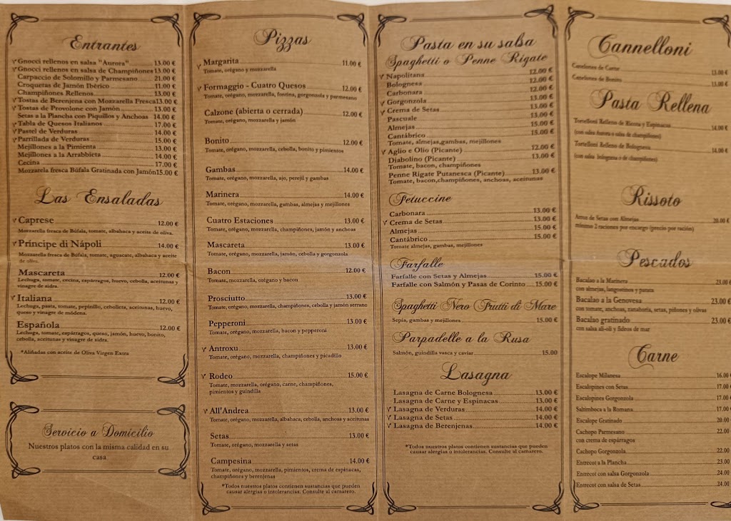 Restaurante Trattoria Mascareta — Carta