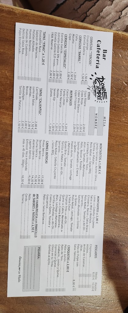 Bar cafeteria Donde Siempre — Carta