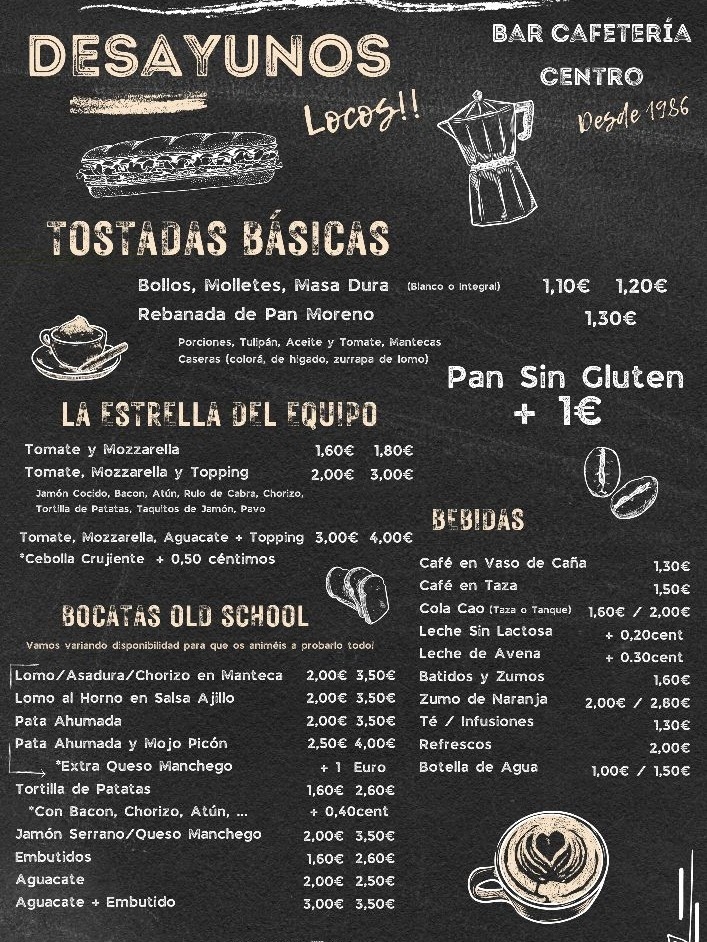 Bar Cafeteria Centro — Carta