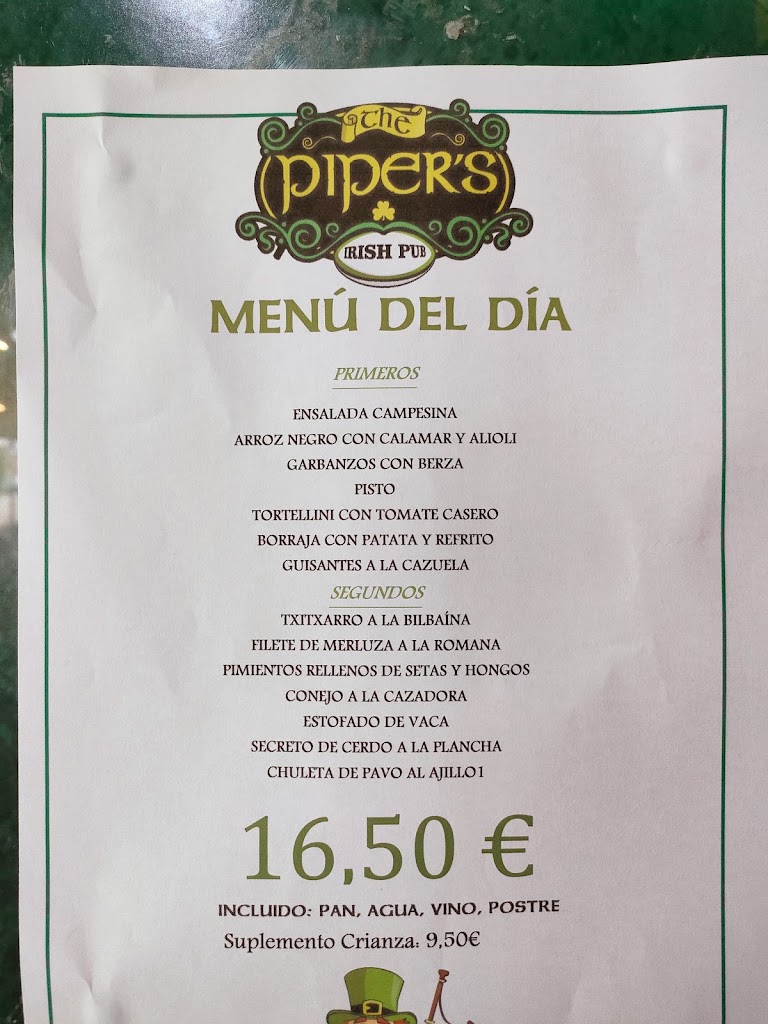 Restaurante Pipers Irish — Carta