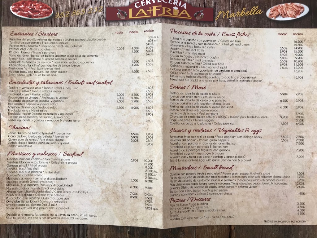 Cerveceria La + Fria Marbella — Carta