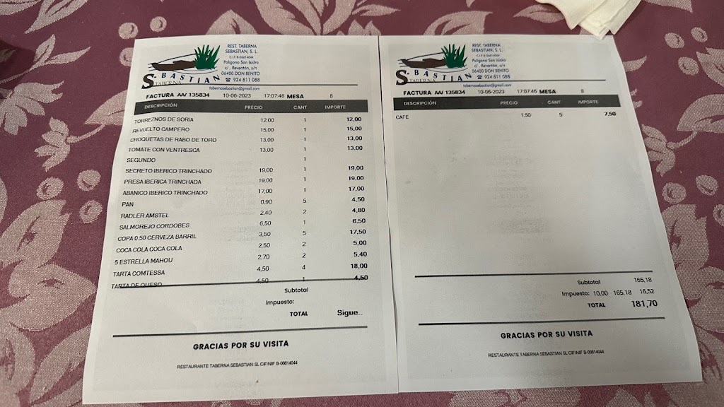 Taberna Sebastian — Carta