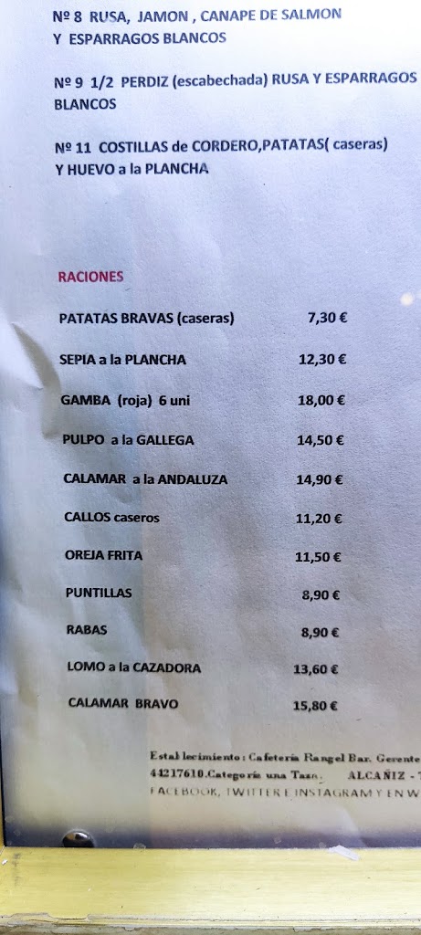 Cafeteris Rangel Bar S.L. — Carta