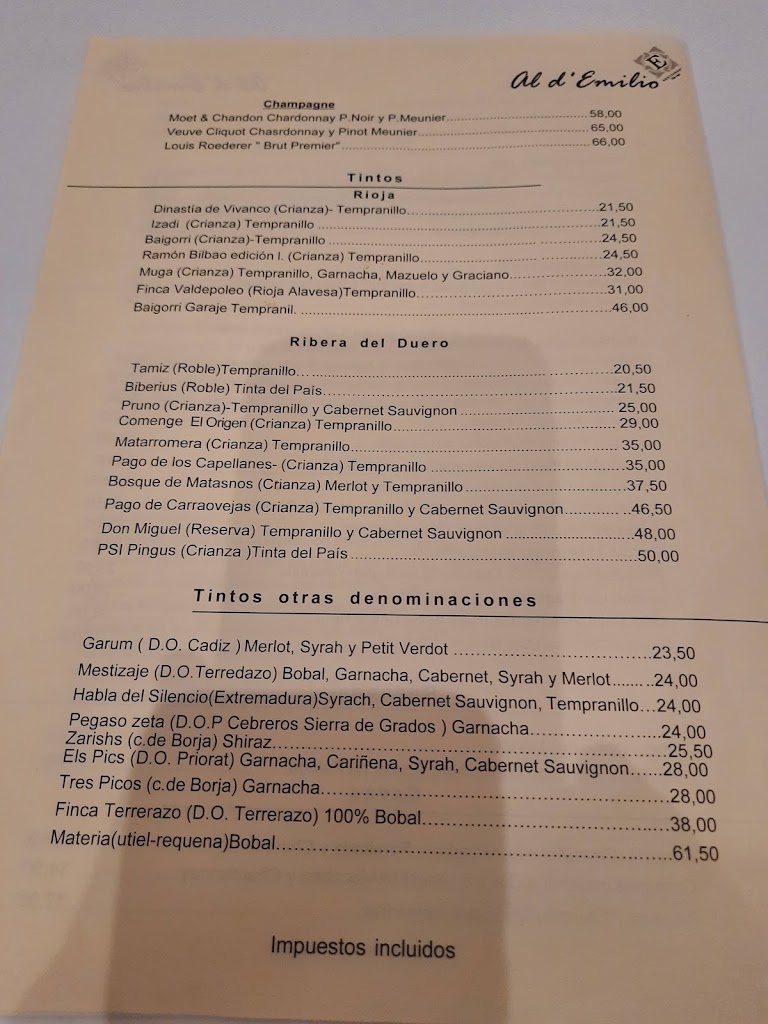 Restaurante Al D'Emilio — Carta