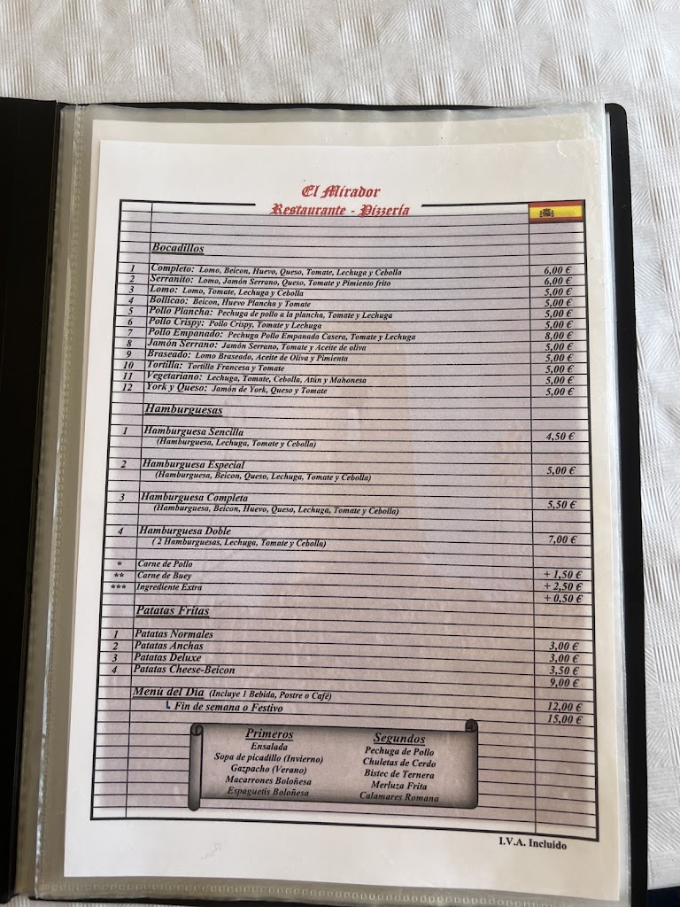 Restaurante Pizzeria"El Mirador" — Carta
