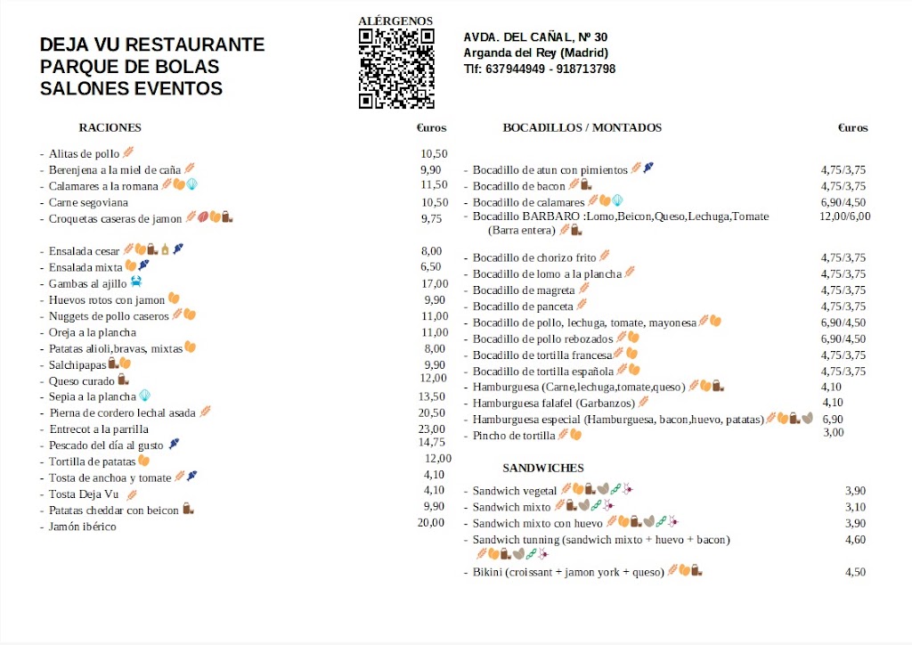 Restaurante Deja Vu Bodas y Comuniones — Carta