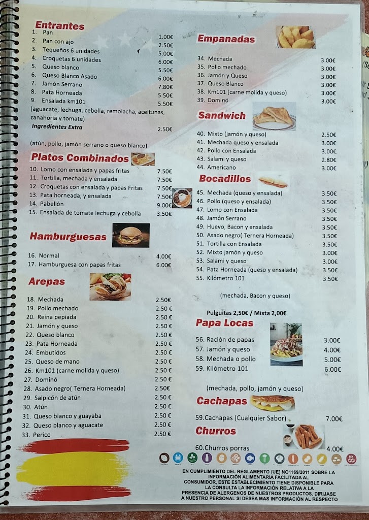 Bar Arepera kilometro 101. El funchal — Carta