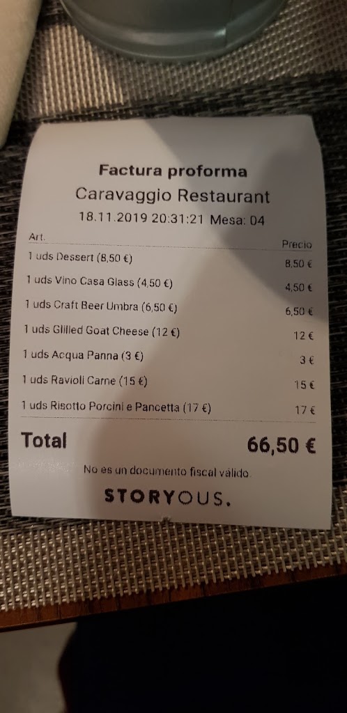 Caravaggio Italian Restaurant — Carta