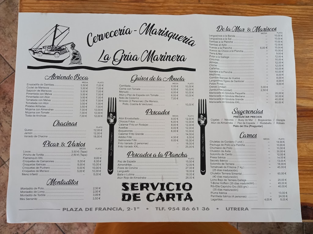 Cerveceria Marisqueria La Grua Marinera — Carta